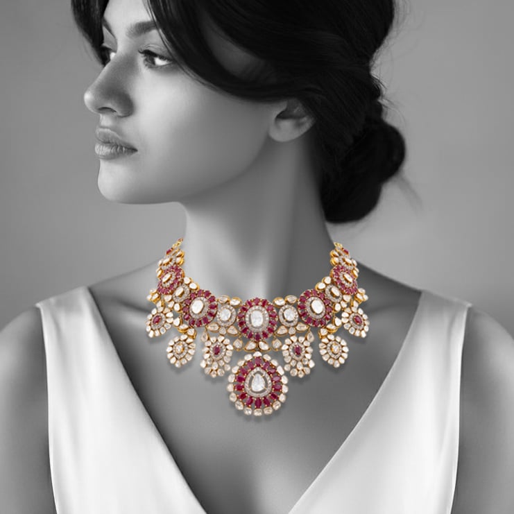 Ruby and Polki Floral Necklace with Diamond Accents